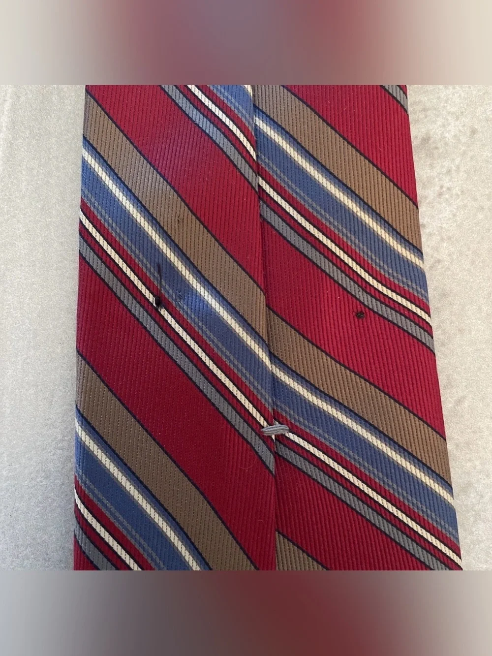 VTG Christian Dior Men’s Necktie Red White Blue Gray Stripe Logo Wording